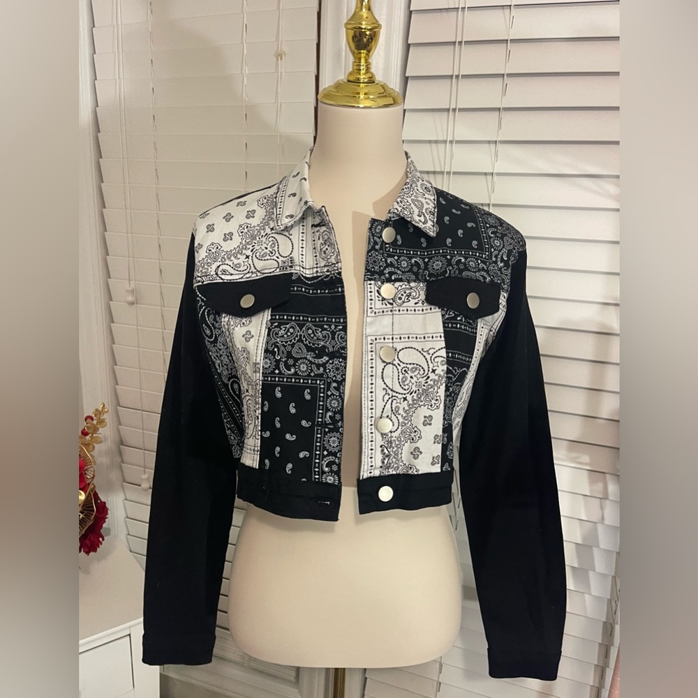 American Bazi Black and White Bandana Jean Jacket